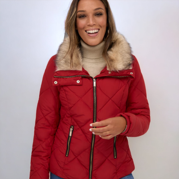 New York & Company Red Puffer Jacket with Fur Collar - Picture 3 of 8